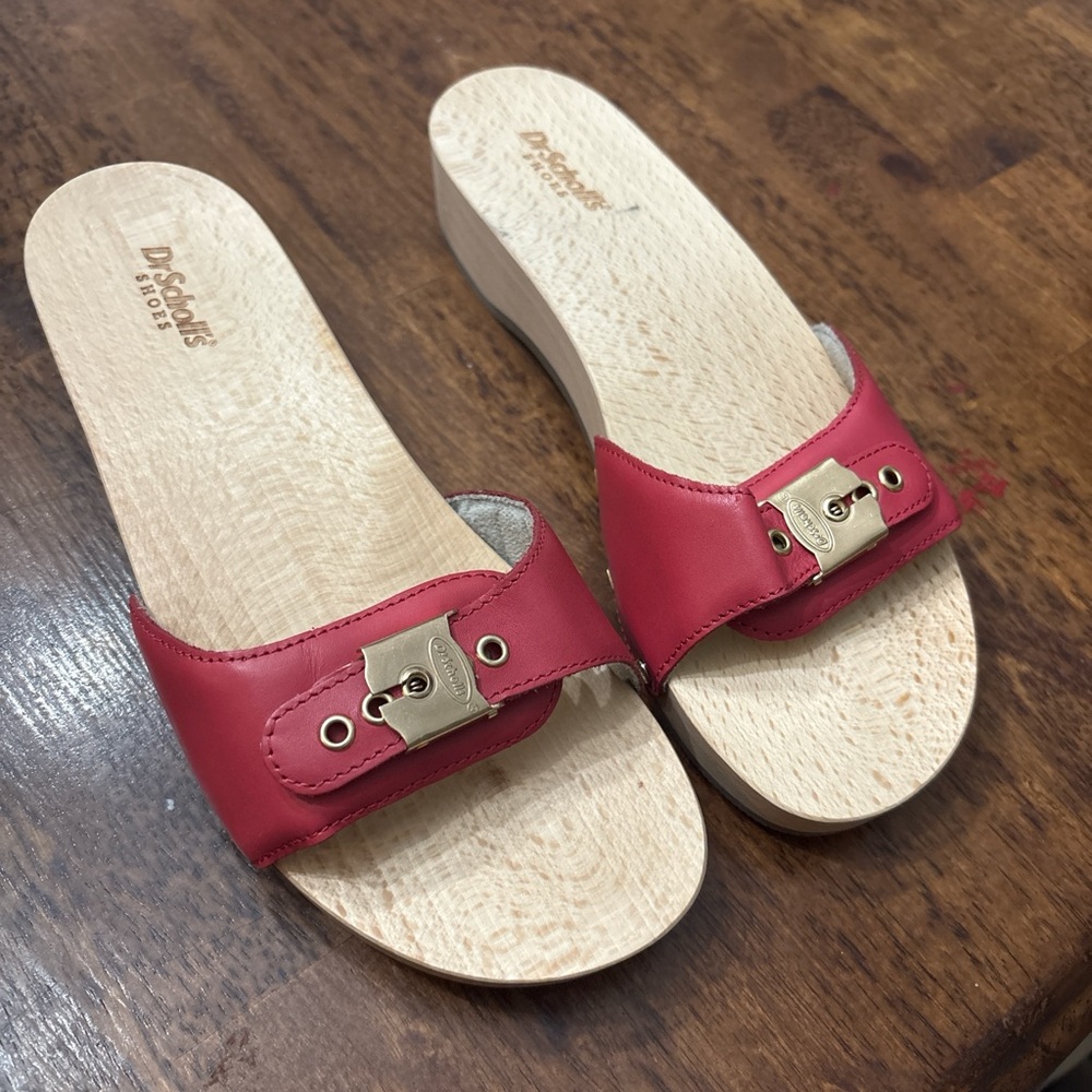 Dr. Scholl's Red Leather Mules with Gold Buckle